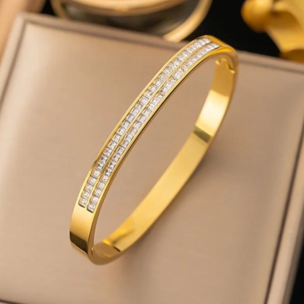 Elegant Gold Bangle Bracelet with Square Diamond CZ Accents